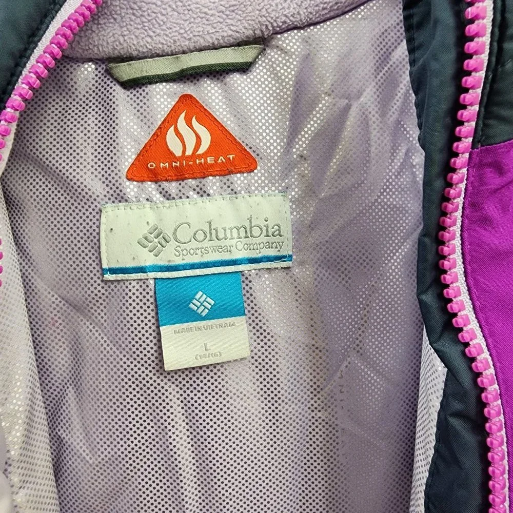 Columbia girl size large zip front‎ purple with gray quilting accent winter coat